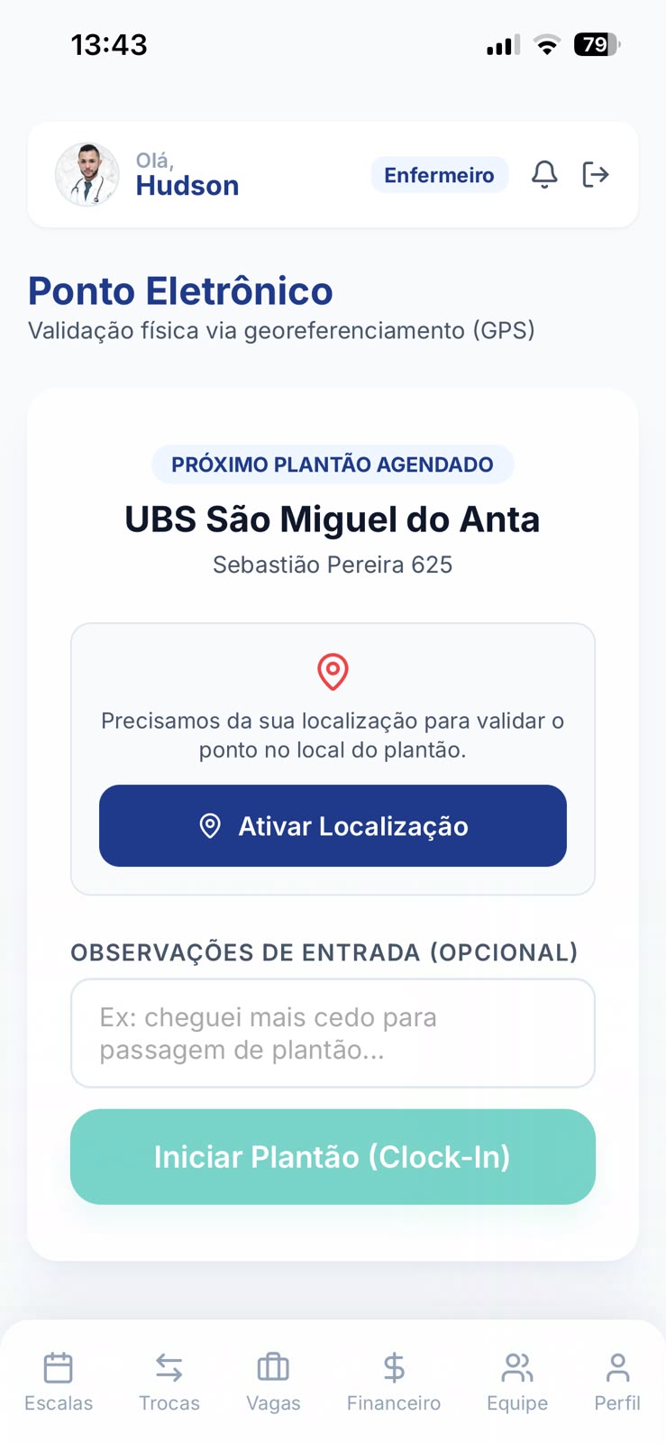 Tela de ponto eletrônico com validação por GPS